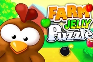 Kurczak z dużymi oczami na tle kolorowej farmy z napisem Farm Jelly Puzzle