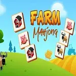 W tle zielone wzgórze z drzewem i owcą, na pierwszym planie kafelki z rysunkami zwierząt gospodarskich i budynków oraz widocznym napisem „Farm Mahjong”