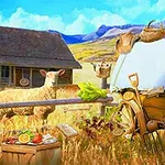 Owca na farmie otoczona różnymi artykułami spożywczymi i narzędziami, z drewnianym domem i górami w tle
