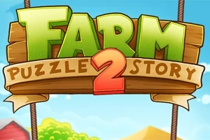 Kolorowy napis Farm Puzzle Story 2 na tle nieba z chmurami, z drewnianą tabliczką i zielenią w tle