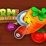 Kolorowe warzywa z uśmiechami i tytuł Farm Puzzle Story na drewnianym tle