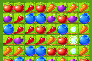 Kolorowe warzywa i owoce ułożone w rzędach na zielonym tle, w tym pomidory, marchewki, jagody i papryki