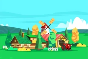 Drewniany domek i wiatrak na farmie z czerwonym traktorem na tle zielonych pól i wzgórz