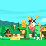 Drewniany domek i wiatrak na farmie z czerwonym traktorem na tle zielonych pól i wzgórz