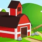 Czerwona stodoła na tle zielonych pagórków i niebieskiego nieba