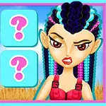 Postać z kolorowymi warkoczami obok planszy z czterema niebieskimi polami z różowymi znakami zapytania