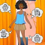 Postać stojąca w przymierzalni z pomarańczowymi zasłonami, otoczona chmurkami z ikonami kłódek