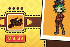 Postać animowana w kolorowym stroju z kapeluszem obok przycisku oznaczonego Match!