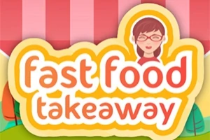 Logo z napisem fast food takeaway z ilustracją kobiety w okularach na tle z różowymi paskami