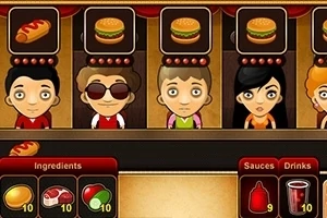 Postacie klientów w kreskówkowym stylu stojące przy ladzie wirtualnej restauracji z ikonami przedstawiającymi jedzenie oraz dostępne składniki, sosy i napoje