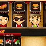 Postacie klientów w kreskówkowym stylu stojące przy ladzie wirtualnej restauracji z ikonami przedstawiającymi jedzenie oraz dostępne składniki, sosy i napoje