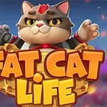 Szczęśliwy, szary kot siedzi w koszyku na tle kolorowego napisu „Fat Cat Life”