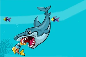 Rekin o ostrych zębach ściga mniejszą rybę w błękitnym oceanie z różnokolorowymi rybkami w tle