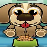 Brązowy rysunkowy piesek z dużymi oczami siedzący przed miską z jedzeniem