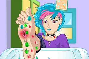 Kobieta z kolorowymi włosami i przejętą miną ogląda stopę pokrytą plamami i zarazkami