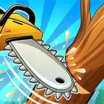 Żółta piła łańcuchowa tnie drzewo na tle nieba z promieniami światła