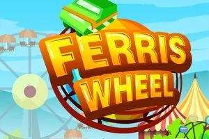 Napis Ferris Wheel na kolorowym tle przedstawiającym wesołe miasteczko z diabelskim młynem i kolorowymi namiotami w tle