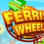Napis Ferris Wheel na kolorowym tle przedstawiającym wesołe miasteczko z diabelskim młynem i kolorowymi namiotami w tle