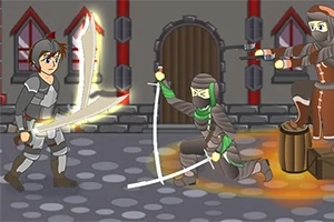 Rycerz walczący z zakapturzonym wojownikiem na tle kamiennej ulicy z drewnianymi drzwiami i oknami