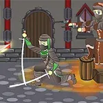 Rycerz walczący z zakapturzonym wojownikiem na tle kamiennej ulicy z drewnianymi drzwiami i oknami