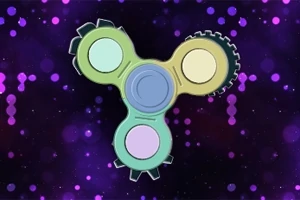 Trójramienny spinner z kolorowymi okręgami i zębatkami na tle fioletowych świetlistych kropek