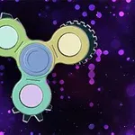 Trójramienny spinner z kolorowymi okręgami i zębatkami na tle fioletowych świetlistych kropek