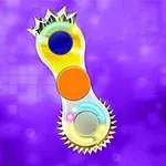 Kolorowy emblemat z trzema okręgami i ząbkowanymi krawędziami na fioletowym tle