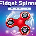 Czerwony fidget spinner z trzema ramionami na tle gradientu niebiesko-fioletowego, otoczony świecącymi efektami