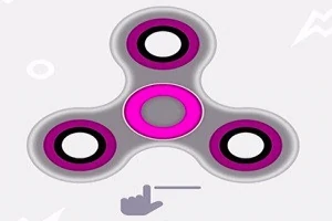 Różowo-szary fidget spinner z trzema ramionami na jasnym tle z ikoną wskazującą gest przesunięcia