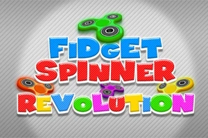 Kolorowy napis z fidget spinnerami na szarym tle w paski