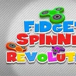 Kolorowy napis z fidget spinnerami na szarym tle w paski