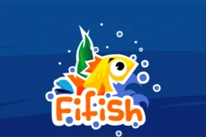 Żółta i pomarańczowa rybka z bąbelkami na tle ciemnoniebieskiego morza z napisem Fifish