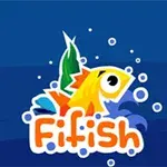 Żółta i pomarańczowa rybka z bąbelkami na tle ciemnoniebieskiego morza z napisem Fifish