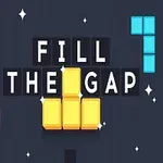 Na ciemnym tle znajduje się kolorowy tekst FILL THE GAP otoczony przez różowe, niebieskie i żółte klocki z gwiazdkami wokół