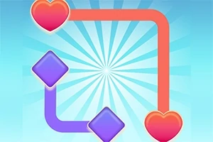 Serce z czerwonej linii połączonej z fioletowymi kwadratami na niebieskim tle z promienistym wzorem