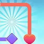 Serce z czerwonej linii połączonej z fioletowymi kwadratami na niebieskim tle z promienistym wzorem