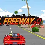 Czerwony sportowy samochód na autostradzie w otoczeniu palm, z napisem FINAL FREEWAY 2R na górze