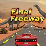 Czerwona sportowa samochód jedzie autostradą przez pustynię z dinozaurami w tle, na niebie zachodzące słońce