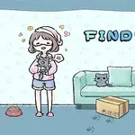 Dziewczyna w piżamie trzyma kotka, obok znajduje się kanapa z siedzącym kotem, miska z jedzeniem i pudełko na podłodze oraz napis Find Cat