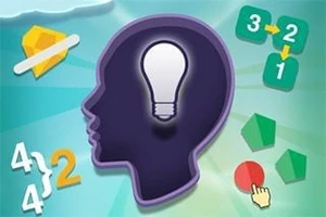 Sylwetka głowy z żarówką w środku otoczona symbolami matematycznymi i geometrycznymi kształtami