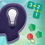 Sylwetka głowy z żarówką w środku otoczona symbolami matematycznymi i geometrycznymi kształtami