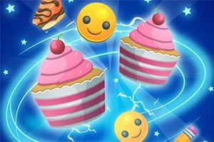 Kolorowa grafika przedstawiająca dwa różowe babeczki, uśmiechnięte emotikony i gwiazdki na niebieskim tle z efektami świetlnymi