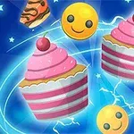 Kolorowa grafika przedstawiająca dwa różowe babeczki, uśmiechnięte emotikony i gwiazdki na niebieskim tle z efektami świetlnymi