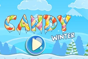 Kolorowy napis CANDY WINTER na tle zimowego krajobrazu z pokrytymi śniegiem drzewami i górami, z przyciskiem odtwarzania na środku