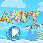 Kolorowy napis CANDY WINTER na tle zimowego krajobrazu z pokrytymi śniegiem drzewami i górami, z przyciskiem odtwarzania na środku