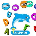 Delfin otoczony kolorowymi literami z brakującą literą w słowie DOLPHIN
