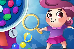 Dziewczynka z różowymi włosami trzymająca lupę obok maszyny z kolorowymi kulkami na niebieskim tle