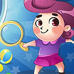 Dziewczynka z różowymi włosami trzymająca lupę obok maszyny z kolorowymi kulkami na niebieskim tle