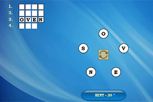 Plansza z zagadką słowną, na której litery O, V, E, N są ułożone wokół kwadratu na niebieskim tle