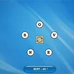 Plansza z zagadką słowną, na której litery O, V, E, N są ułożone wokół kwadratu na niebieskim tle